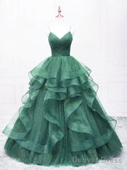 Dark Green Tulle Layers Straps V-Neckline Prom Dress, Dark Green Tulle Evening Dress