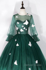 Dark Green Tulle Long Prom Dresses, A-Line Long Sleeve Evening Party Dresses With Butterfly Appliques