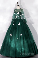 Dark Green Tulle Long Prom Dresses, A-Line Long Sleeve Evening Party Dresses With Butterfly Appliques