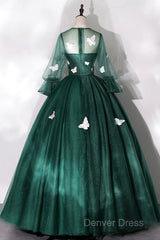 Dark Green Tulle Long Prom Dresses, A-Line Long Sleeve Evening Party Dresses With Butterfly Appliques