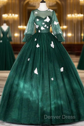 Dark Green Tulle Long Prom Dresses, A-Line Long Sleeve Evening Party Dresses With Butterfly Appliques