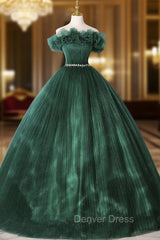 Dark Green Tulle Pleats Crystal Quinceanera Dresses