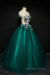 Dark Green Tulle Round Neckline Ball Gown Formal Dresses, Quinceanera Dresses