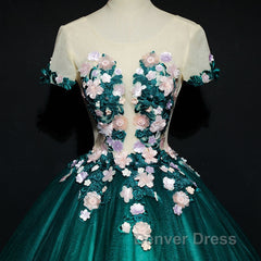 Dark Green Tulle Round Neckline Ball Gown Formal Dresses, Quinceanera Dresses