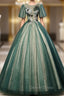 Dark Green Tulle Short Sleeve Appliques Quinceanera Dresses