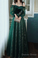 Dark Green Tulle Stunning Sequin Spaghetti Straps Prom Dress, Green Party Dress