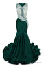 Dark Green V Neck Sheer Corset Prom Dresses Beaded Mermaid Long Train Prom Gown