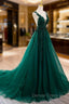 Dark Green V Neckline Lace Long Beaded Prom Dress, Dark Green Prom Dresses