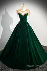 Dark Green Velvet A-Line Long Prom Dresses, Dark Green Evening Party Dresses