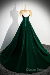 Dark Green Velvet A-Line Long Prom Dresses, Dark Green Evening Party Dresses