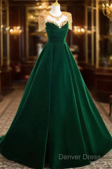 Dark Green Velvet A-Line Long Prom Dresses, Dark Green Evening Party Dresses