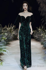 Dark Green Velvet And Sequins Mermaid Long Prom Dress, Dark Green Formal Dress