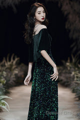 Dark Green Velvet And Sequins Mermaid Long Prom Dress, Dark Green Formal Dress