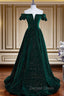 Dark Green Velvet Off Shoulder Long Party Dresses, Green A-line Prom Dresses