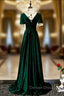 Dark Green Velvet Short Sleeve Open Back Beading Prom Dresses