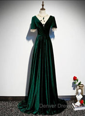 Dark Green Velvet Short Sleeves A-line Bridesmaid Dresses, A-line Wedding Party Dresses Prom Dresses