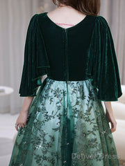 Dark Green Velvet With Tulle Long Party Dress, Dark Green A-Line Formal Dress Prom Dress