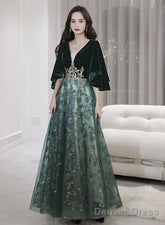 Dark Green Velvet With Tulle Long Party Dress, Dark Green A-Line Formal Dress Prom Dress