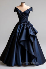 Dark Navy A-Line V Neck Satin Long Prom Dresses Simple Applique Evening Dresses