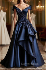 Dark Navy A-Line V Neck Satin Long Prom Dresses Simple Applique Evening Dresses