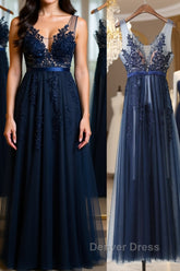 Dark Navy Blue Lace Prom Dresses, Dark Navy Blue Lace Formal Bridesmaid Dresses
