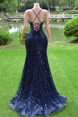 Dark Navy Blue Prom Dresses Long Sequins Mermaid Women Tulle Evening Dresses Spaghetti Straps