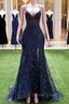 Dark Navy Blue Prom Dress Long Sequins Mermaid Women Tulle Prom Dresses Spaghetti Straps