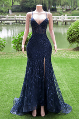 Dark Navy Blue Prom Dresses Long Sequins Mermaid Women Tulle Evening Dresses Spaghetti Straps