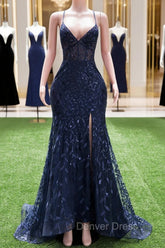 Dark Navy Blue Prom Dresses Long Sequins Mermaid Women Tulle Evening Dresses Spaghetti Straps
