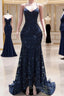 Dark Navy Blue Prom Dress Sequins Mermaid Tulle Long Prom Dresses Spaghetti Straps