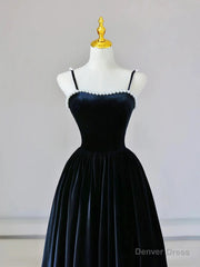 Dark Navy Blue Velvet Long Prom Dresses, Dark Navy Blue Velvet Long Formal Evening Dresses