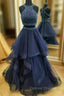 Dark Navy Halter Two Piece High Neck Tulle Beading Prom Dresses