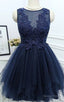 Dark Navy Jewel Sleeveless Homecoming Dress,Appliques Beading A Line Tulle Semi Prom Dresses