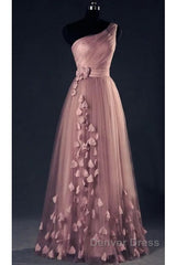 Dark Pink One Shoulder Flowers Tulle Bridesmaid Dresses, A-Line Pink Prom Dresses