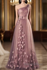 Dark Pink One Shoulder Flowers Tulle Bridesmaid Dresses, A-Line Pink Prom Dresses