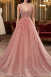 Dark Pink Sequins V-neckline Straps Long Evening Dresses, Tulle Pink Prom Dresses