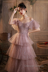 Dark Pink Shiny Tulle Short Sleeves Party Dresses, Beaded Pink Tulle Prom Dresses