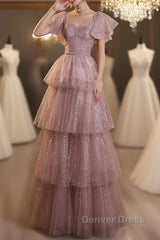 Dark Pink Shiny Tulle Short Sleeves Party Dresses, Beaded Pink Tulle Prom Dresses