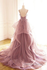 Dark Pink V-Neck Tulle Lace Prom Dresses,Spaghetti Strap Prom Dresses,Ruffle A Line Formal Dresses