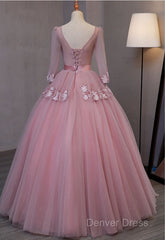 Dark Pink V-Neckline Ball Gown Lace Applique Sweet 16 Dresses, Pink Prom Dresses Party Dresses