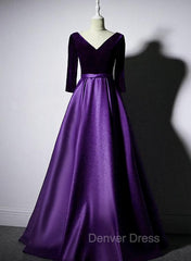 Dark Purple Long Sleeves V-neckline Velvet and satin Long Party Dresses, Long Evening Dresses Prom Dresses