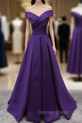 Dark Purple Off Shoulder Satin Long Formal Gown, Prom Dresses