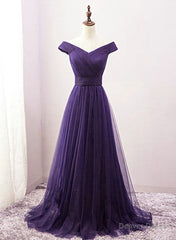 Dark Purple Sweetheart Tulle Off Shoulder Bridesmaid Dress, Long Prom Dress
