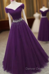 Dark Purple Tulle Long Prom Dresses, Beautiful Junior Prom Dresses