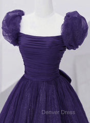 Dark Purple Tulle Scoop A-line Long Formal Dresses, Dark Purple Evening Dresses Prom Dresses