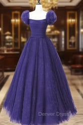 Dark Purple Tulle Scoop A-line Long Formal Dresses, Dark Purple Evening Dresses Prom Dresses