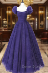 Dark Purple Tulle Scoop A-line Long Formal Dresses, Dark Purple Evening Dresses Prom Dresses