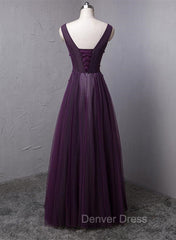 Dark Purple V-neckline Beaded Tulle Long Formal Dresses, Purple Evening Dresses