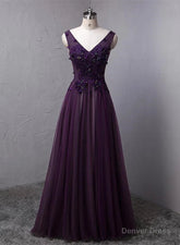 Dark Purple V-neckline Beaded Tulle Long Formal Dress Purple Evening Dress prom dresses shops