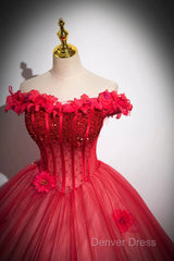 Dark Red Beading Prom Dresses With Corset, Off The Shoulder Short Sleeve Floor-Length Party Dresses